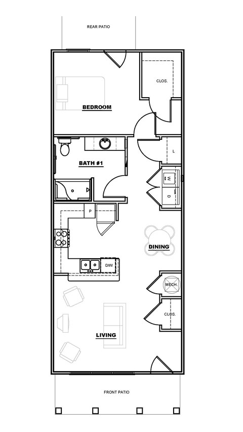 Floor plan for 1 bed, 1 bath, 756 sqft